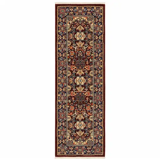 Red Blue Orange And Beige Oriental Power Loom Stain Resistant Runner Rug With Fringe Photo 1