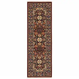 Photo of Red Blue Orange And Beige Oriental Power Loom Stain Resistant Runner Rug With Fringe