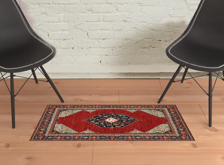 Red Blue Orange And Ivory Oriental Power Loom Stain Resistant Area Rug With Fringe Photo 2