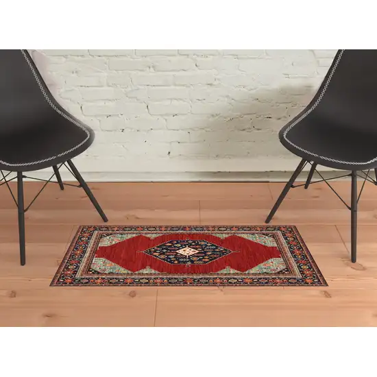 Red Blue Orange And Ivory Oriental Power Loom Stain Resistant Area Rug With Fringe Photo 2