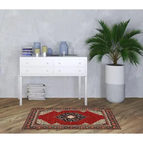 Red Blue Orange And Ivory Oriental Power Loom Stain Resistant Area Rug With Fringe Photo 2