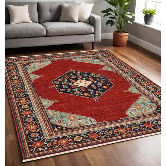 Blue and Red Oriental Power Loom Area Rug With Fringe Photo 1