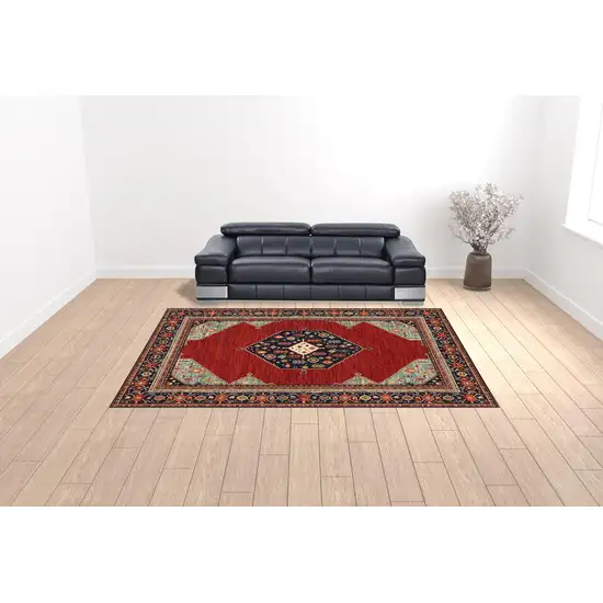 Red Blue Orange And Ivory Oriental Power Loom Stain Resistant Area Rug With Fringe Photo 2