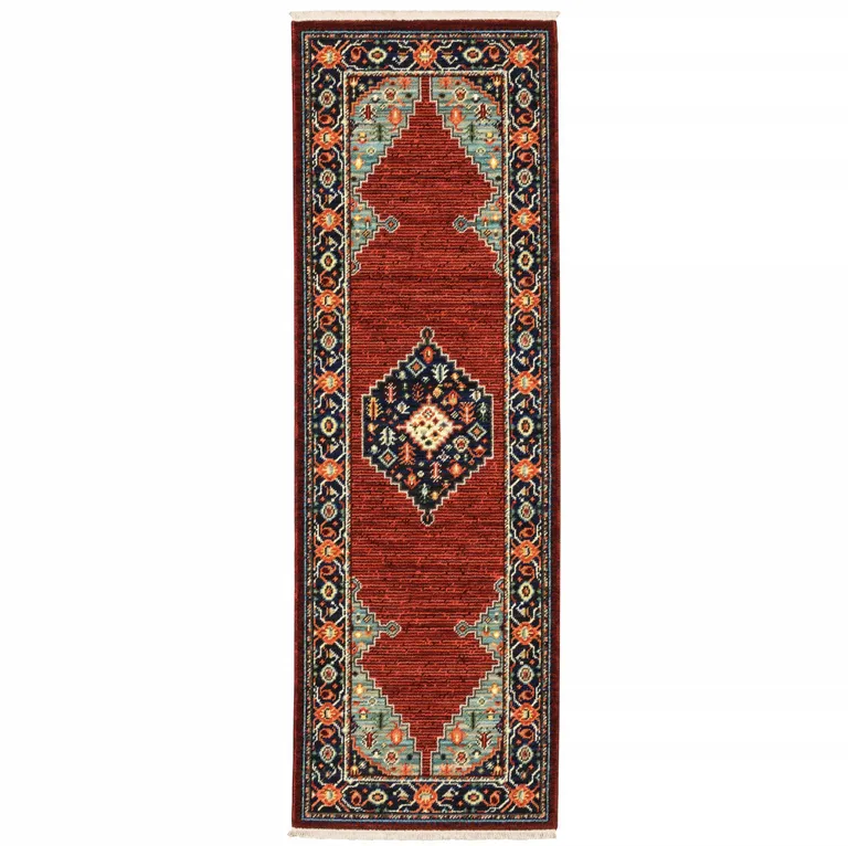 Red Blue Orange And Ivory Oriental Power Loom Stain Resistant Runner Rug With Fringe Photo 1