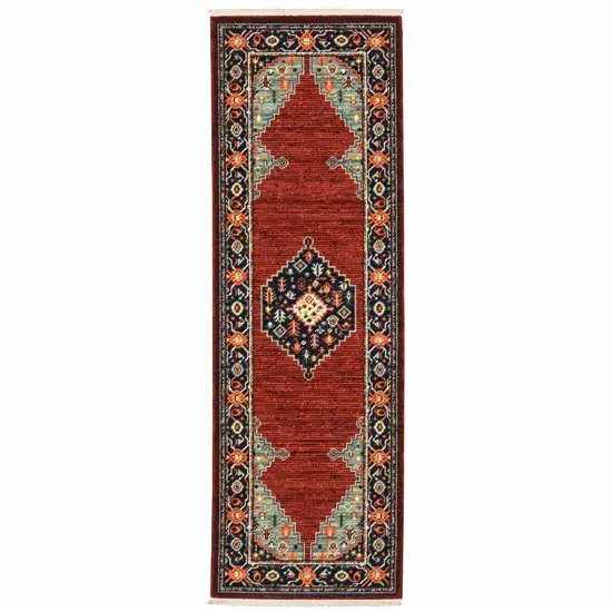 Red Blue Orange And Ivory Oriental Power Loom Stain Resistant Runner Rug With Fringe Photo 1