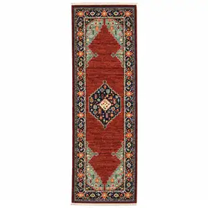 Photo of Red Blue Orange And Ivory Oriental Power Loom Stain Resistant Runner Rug With Fringe