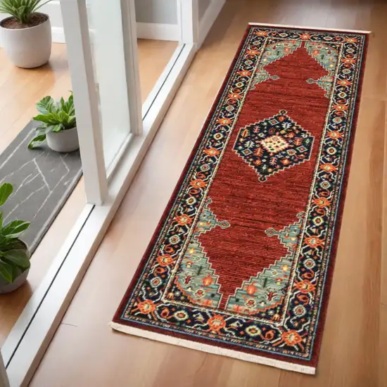 6' Blue and Red Medallion Power Loom Runner Rug Photo 1