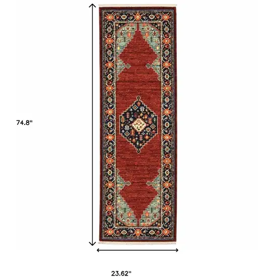 6' Blue and Red Medallion Power Loom Runner Rug Photo 3