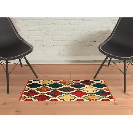 Red Blue Quatrefoil Power Loom Distressed Stain Resistant Area Rug Photo 2