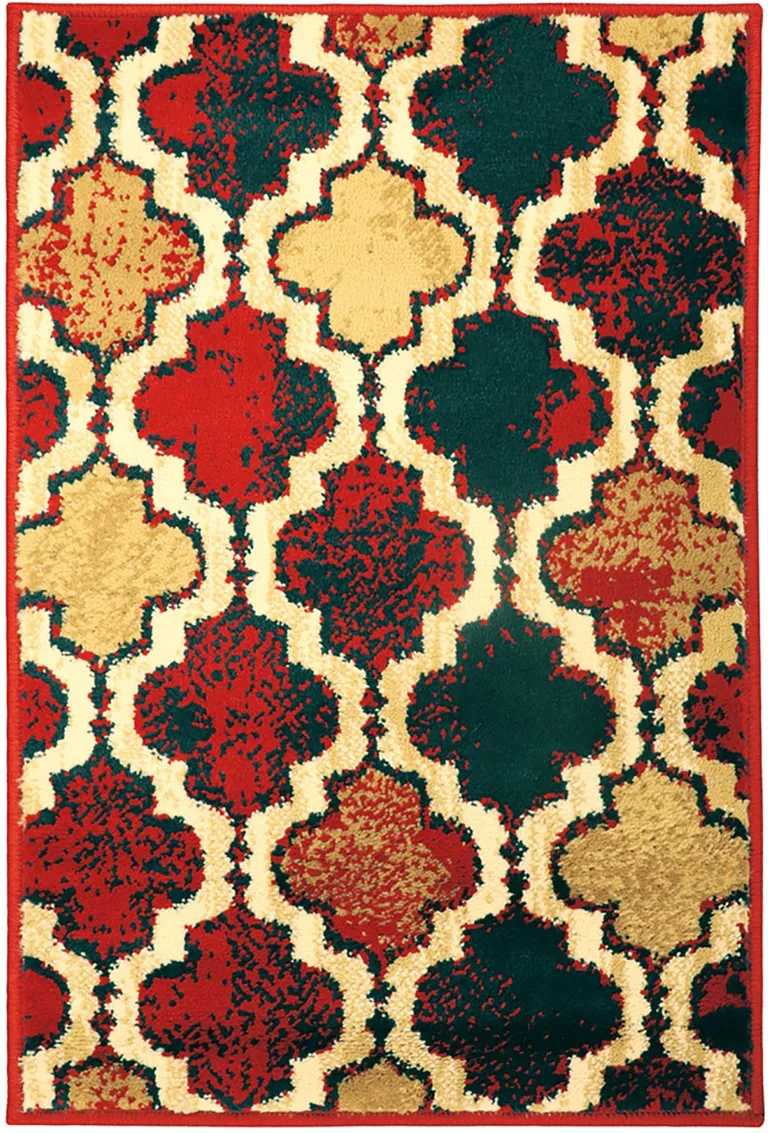 Red Blue Quatrefoil Power Loom Distressed Stain Resistant Area Rug Photo 1