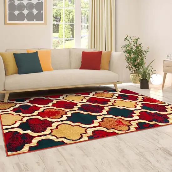 Red Blue Quatrefoil Power Loom Distressed Stain Resistant Area Rug Photo 5