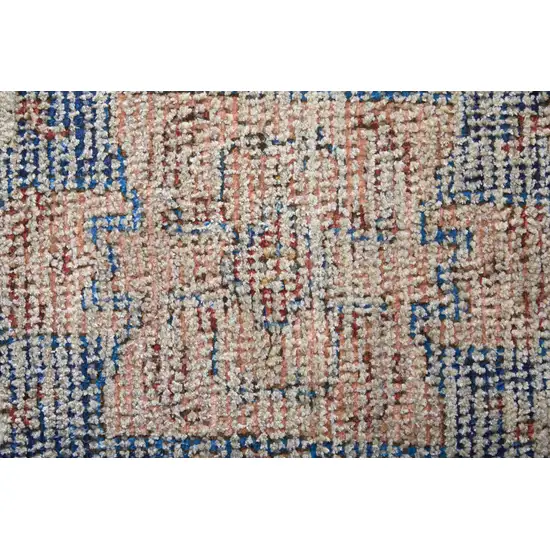 Red Blue and Ivory Abstract Hand Woven Distressed Area Rug With Fringe Photo 9