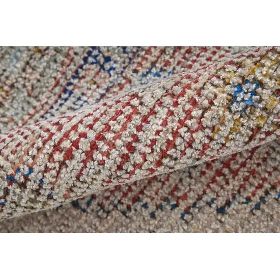 Red Blue and Ivory Abstract Hand Woven Distressed Area Rug With Fringe Photo 8