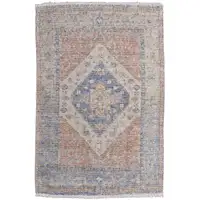 Photo of Red Blue and Ivory Abstract Hand Woven Distressed Area Rug With Fringe