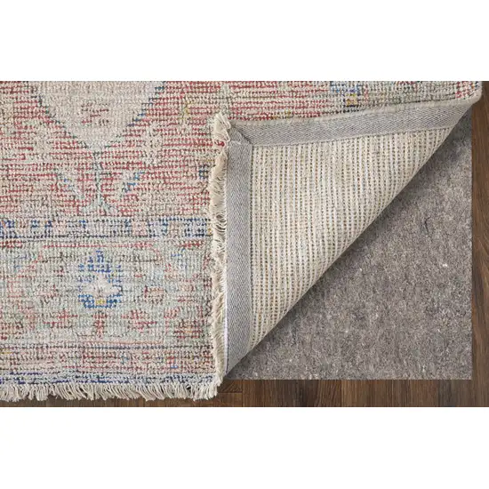 Red Blue and Ivory Abstract Hand Woven Distressed Area Rug With Fringe Photo 9