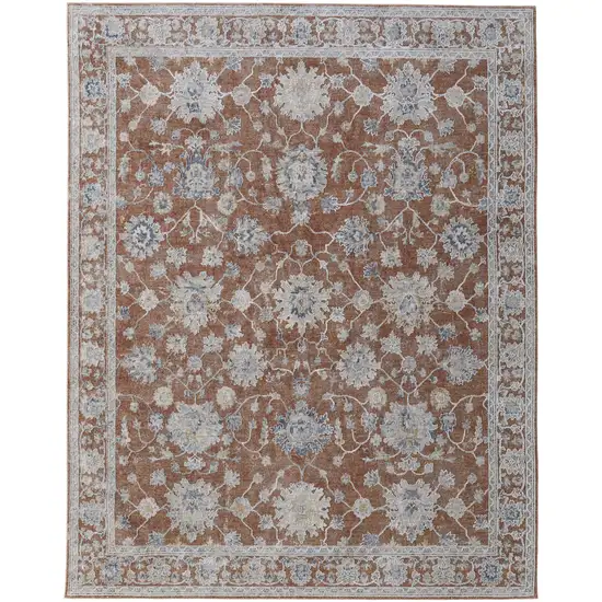 Red Blue and Ivory Floral Power Loom Worn Faded Area Rug With Fringe Photo 4