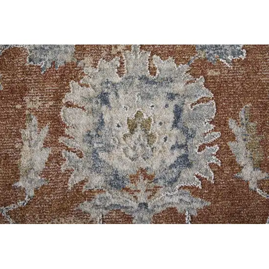 Red Blue and Ivory Floral Power Loom Worn Faded Area Rug With Fringe Photo 7