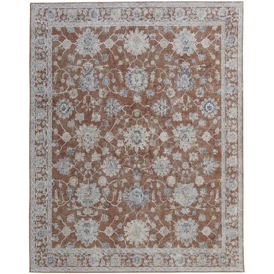 Red Blue and Ivory Floral Power Loom Worn Faded Area Rug With Fringe Photo 5