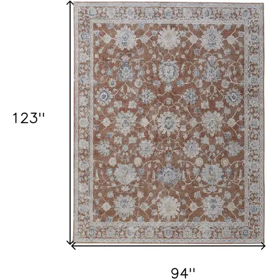 Red Blue and Ivory Floral Power Loom Worn Faded Area Rug With Fringe Photo 3