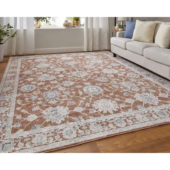 Red Blue and Ivory Floral Power Loom Worn Faded Area Rug With Fringe Photo 9