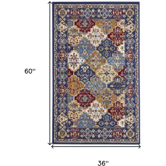 Red Blue and Light Brown Ogee Distressed Non Skid Area Rug Photo 3