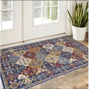 Photo of Red Blue and Light Brown Ogee Distressed Non Skid Area Rug