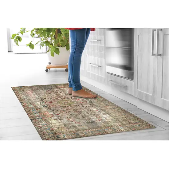 Red Brown And Blue Moroccan Printed Vinyl Area Rug With UV Protection Photo 6