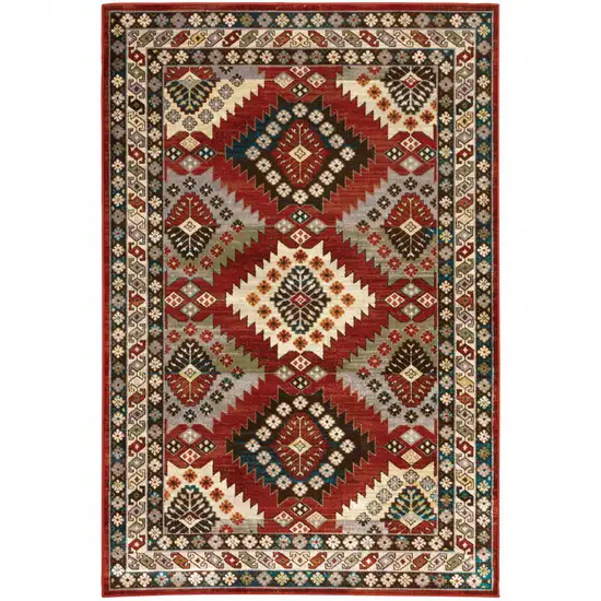 6' X 9' Red Deep Teal Ivory Grey And Green Southwestern Power Loom Stain Resistant Area Rug Photo 6