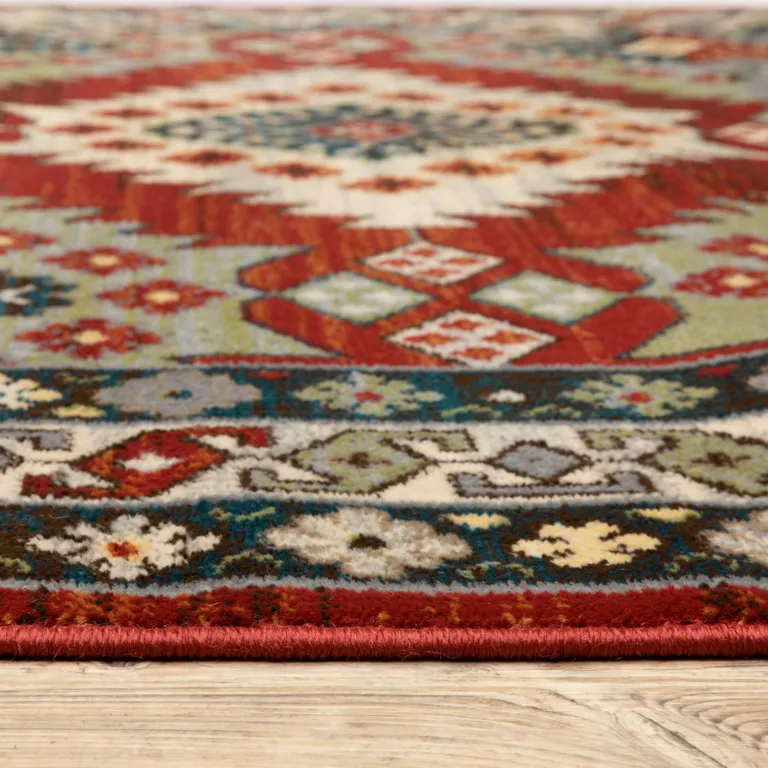 Red Deep Teal Ivory Grey And Green Southwestern Power Loom Stain Resistant Area Rug Photo 3