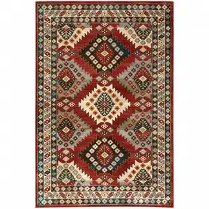 Photo of Red Deep Teal Ivory Grey And Green Southwestern Power Loom Stain Resistant Area Rug