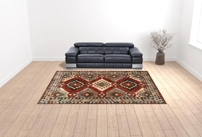 Red Deep Teal Ivory Grey And Green Southwestern Power Loom Stain Resistant Area Rug Photo 2