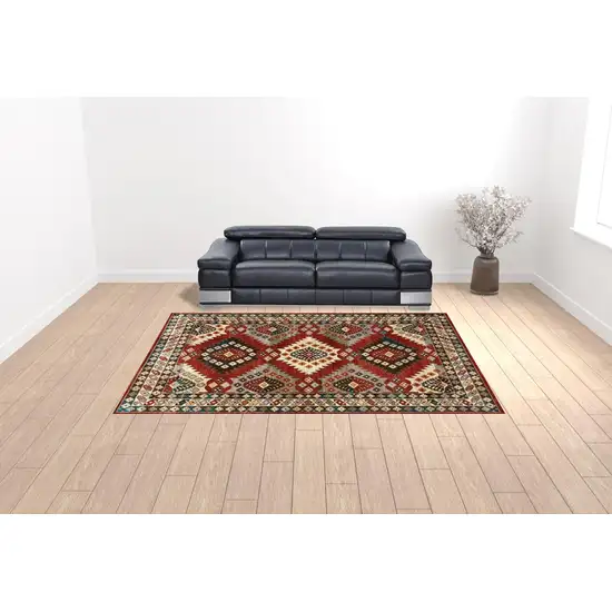 Red Deep Teal Ivory Grey And Green Southwestern Power Loom Stain Resistant Area Rug Photo 2