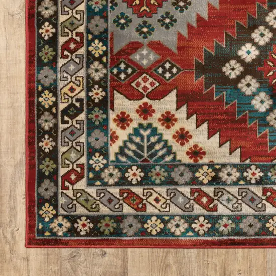 Red Deep Teal Ivory Grey And Green Southwestern Power Loom Stain Resistant Runner Rug Photo 2