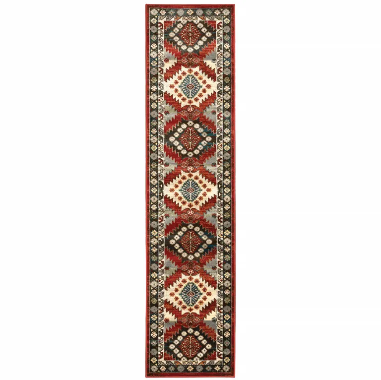 Red Deep Teal Ivory Grey And Green Southwestern Power Loom Stain Resistant Runner Rug Photo 1