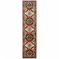 Photo of Red Deep Teal Ivory Grey And Green Southwestern Power Loom Stain Resistant Runner Rug