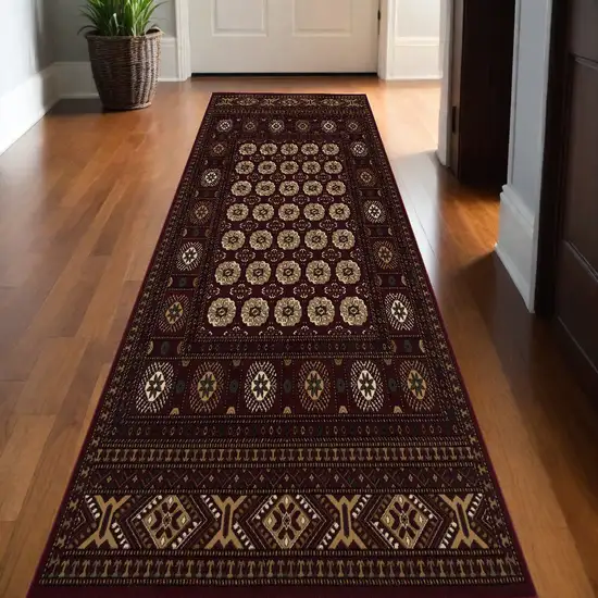 Red and Ivory Floral Medallion Power Loom Runner Rug Photo 1