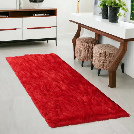 Red Faux Fur Shag Sheepskin Washable Area Rug Photo 3