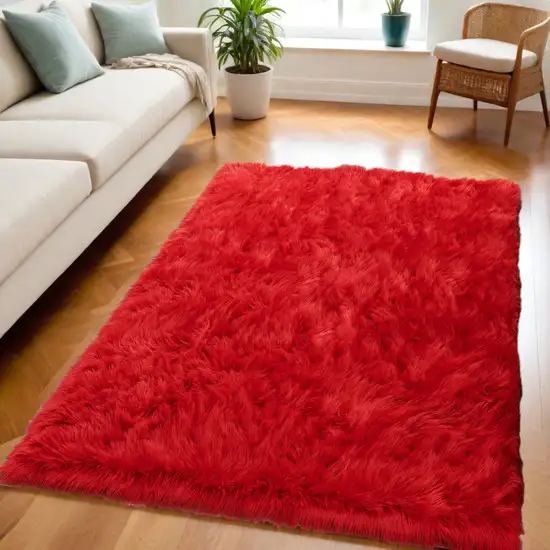 Red Faux Sheepskin Shag Washable Area Rug Photo 1