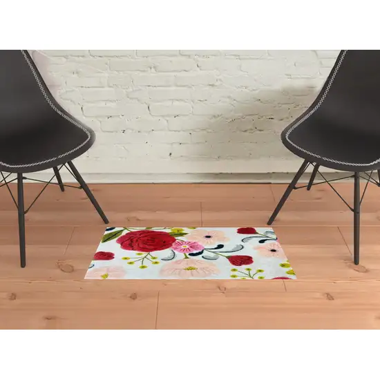 Red Floral Machine Tufted Area Rug With UV Protection Photo 2