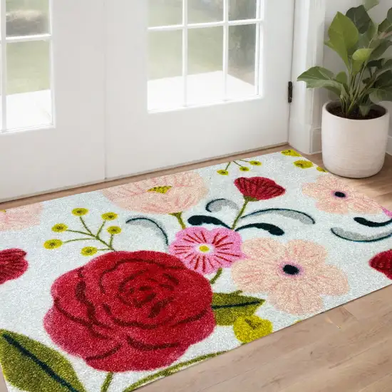 Red Floral Machine Tufted Area Rug With UV Protection Photo 1