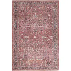 Photo of Red Floral Power Loom Distressed Area Rug