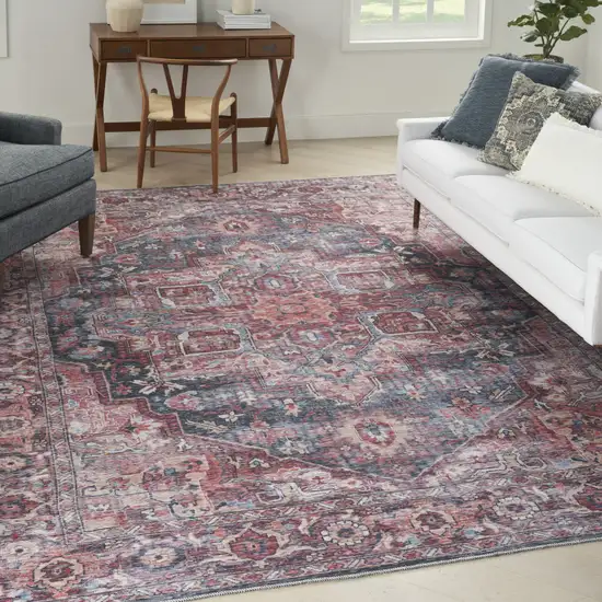 Red Floral Power Loom Distressed Washable Area Rug Photo 7