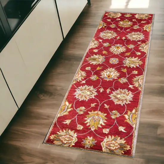 2' X 7' Red Floral Vines Bordered Wool Runner Rug Photo 1