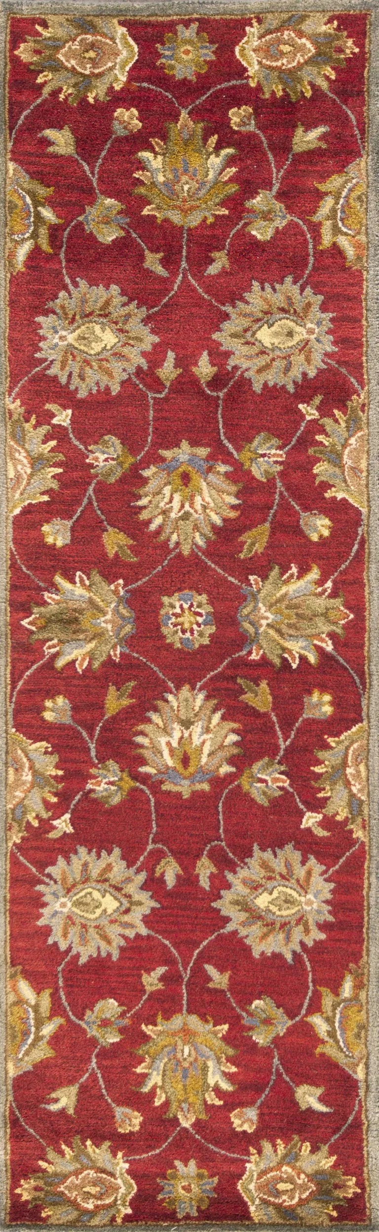 Red Floral Vines Bordered Wool Runner Rug Photo 1