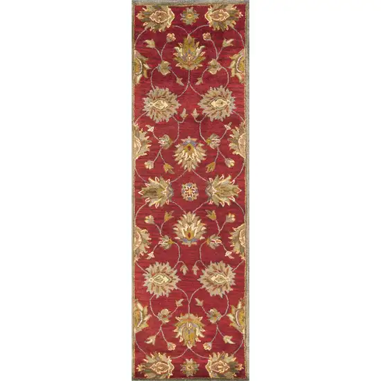 Red Floral Vines Bordered Wool Runner Rug Photo 1