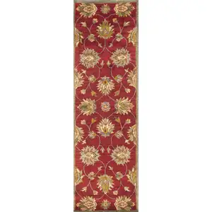 Photo of Red Floral Vines Bordered Wool Runner Rug