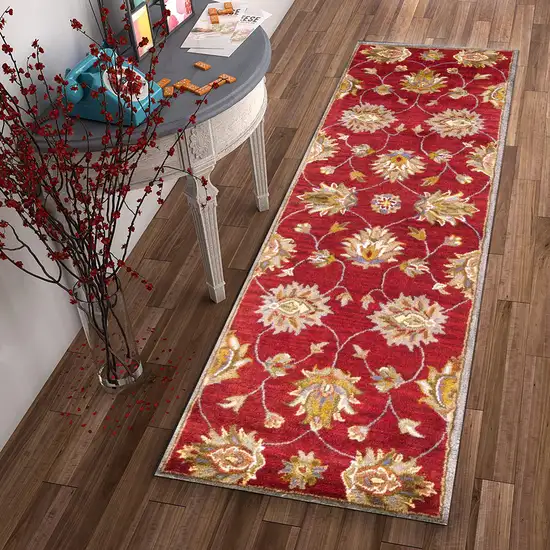 Red Floral Vines Bordered Wool Runner Rug Photo 4