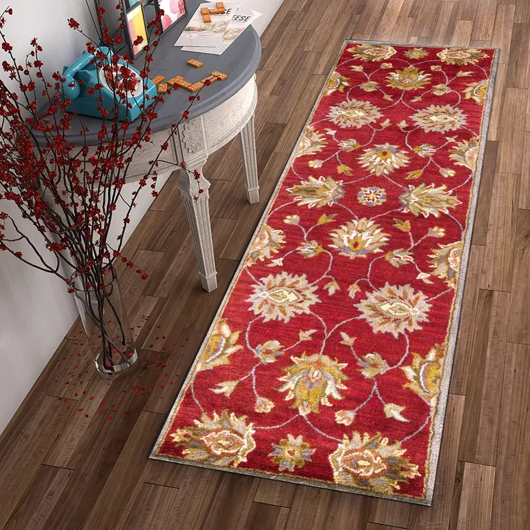 Red Floral Vines Bordered Wool Runner Rug Photo 4