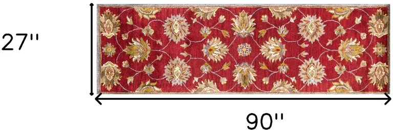 Red Floral Vines Bordered Wool Runner Rug Photo 5