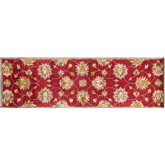 Red Floral Vines Bordered Wool Runner Rug Photo 2